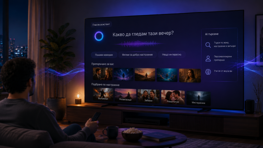 Разговорен AI асистент на телевизор за търсене и персонализирани препоръки за съдържание