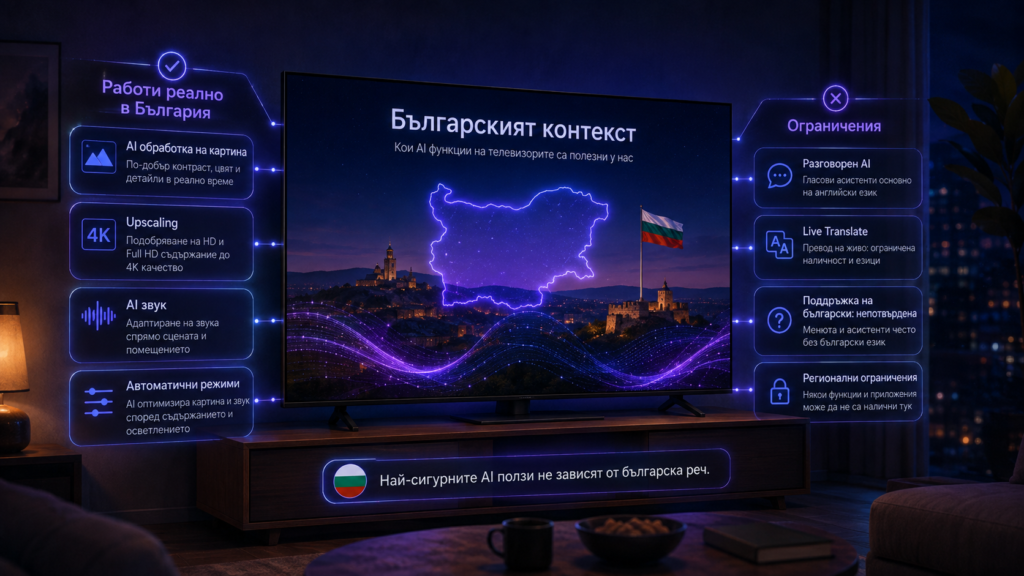 Илюстрация за българския контекст на AI при телевизорите с карта на България, работещи AI функции и езикови ограничения