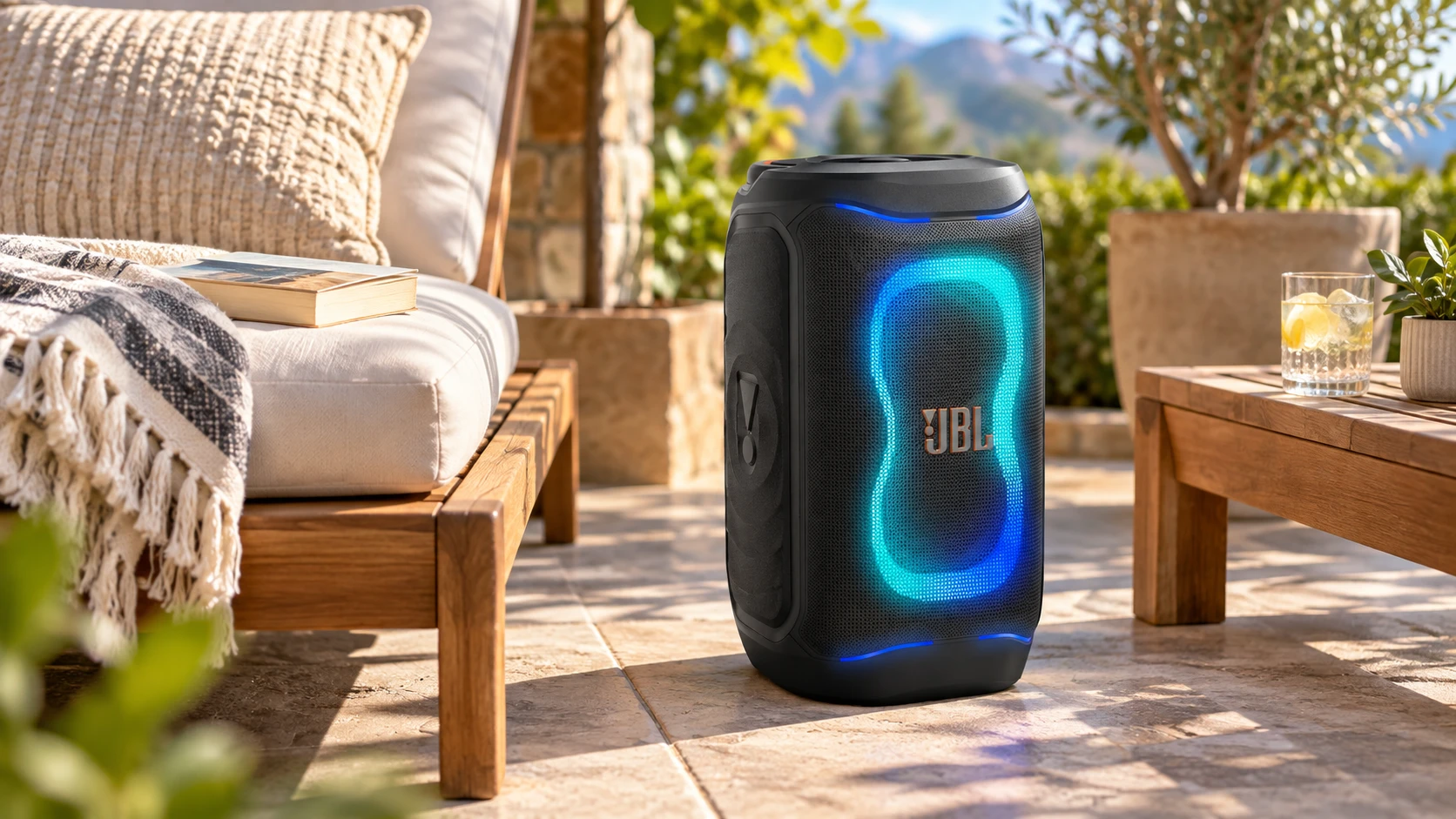 JBL PartyBox 130 на покрита тераса за слушане на музика навън