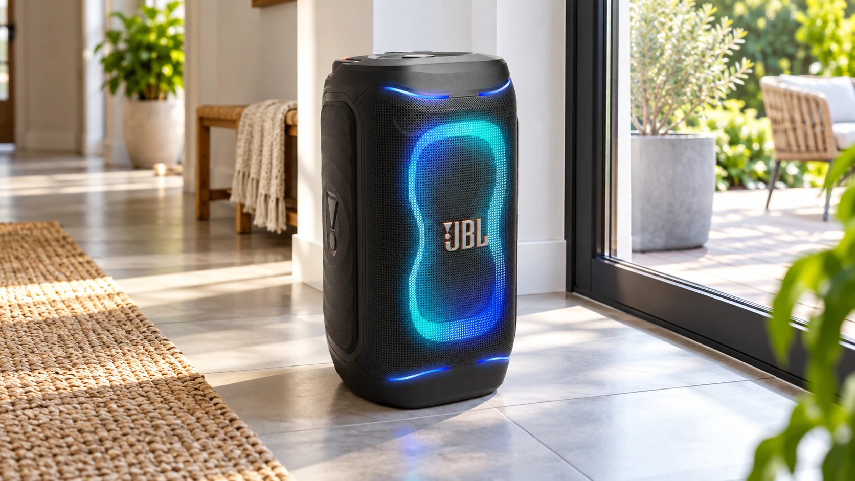 JBL PartyBox 130 с черен корпус и светлинни акценти до врата към двора