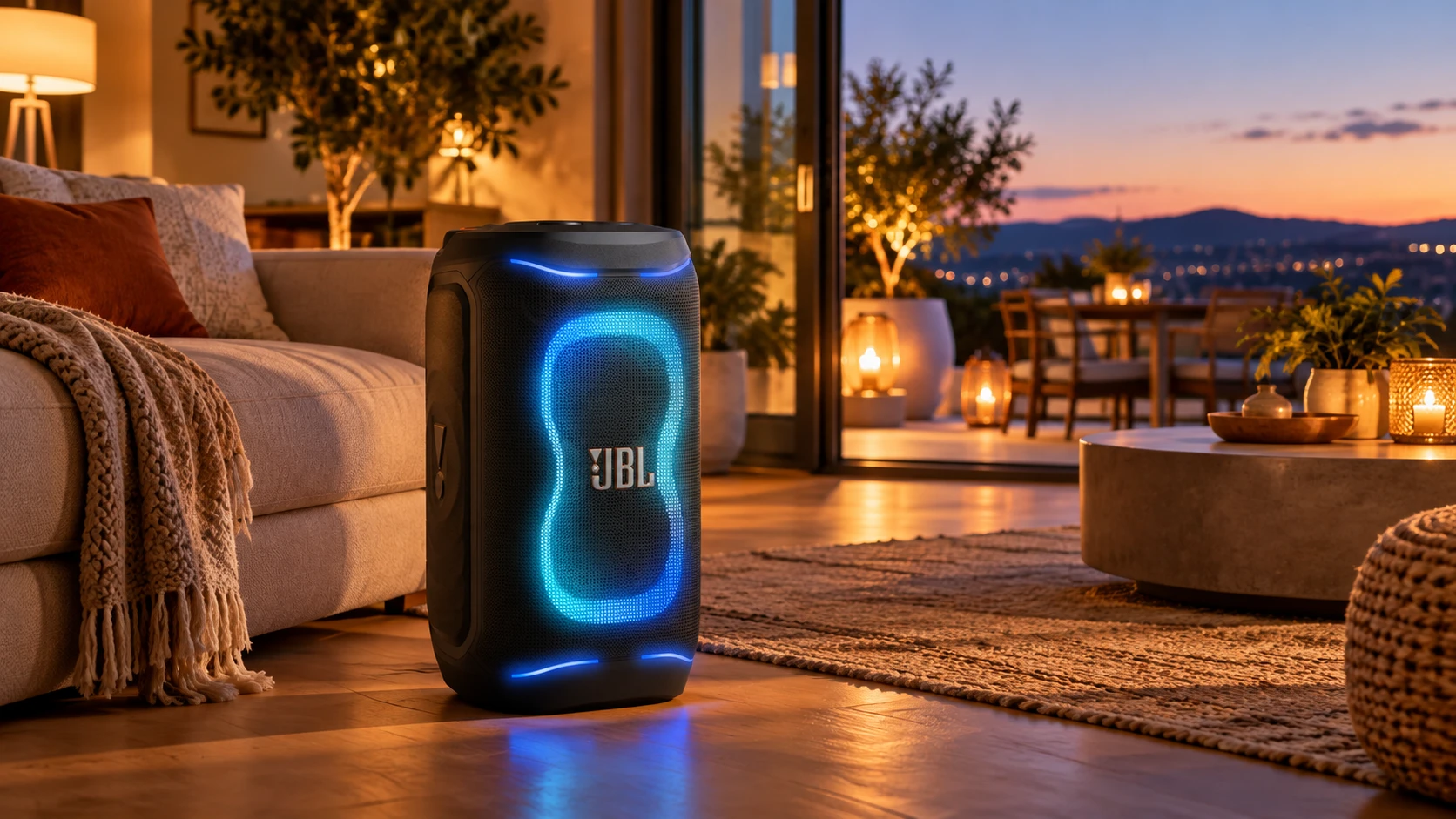 JBL PartyBox 130 в уютна дневна с излаз към тераса