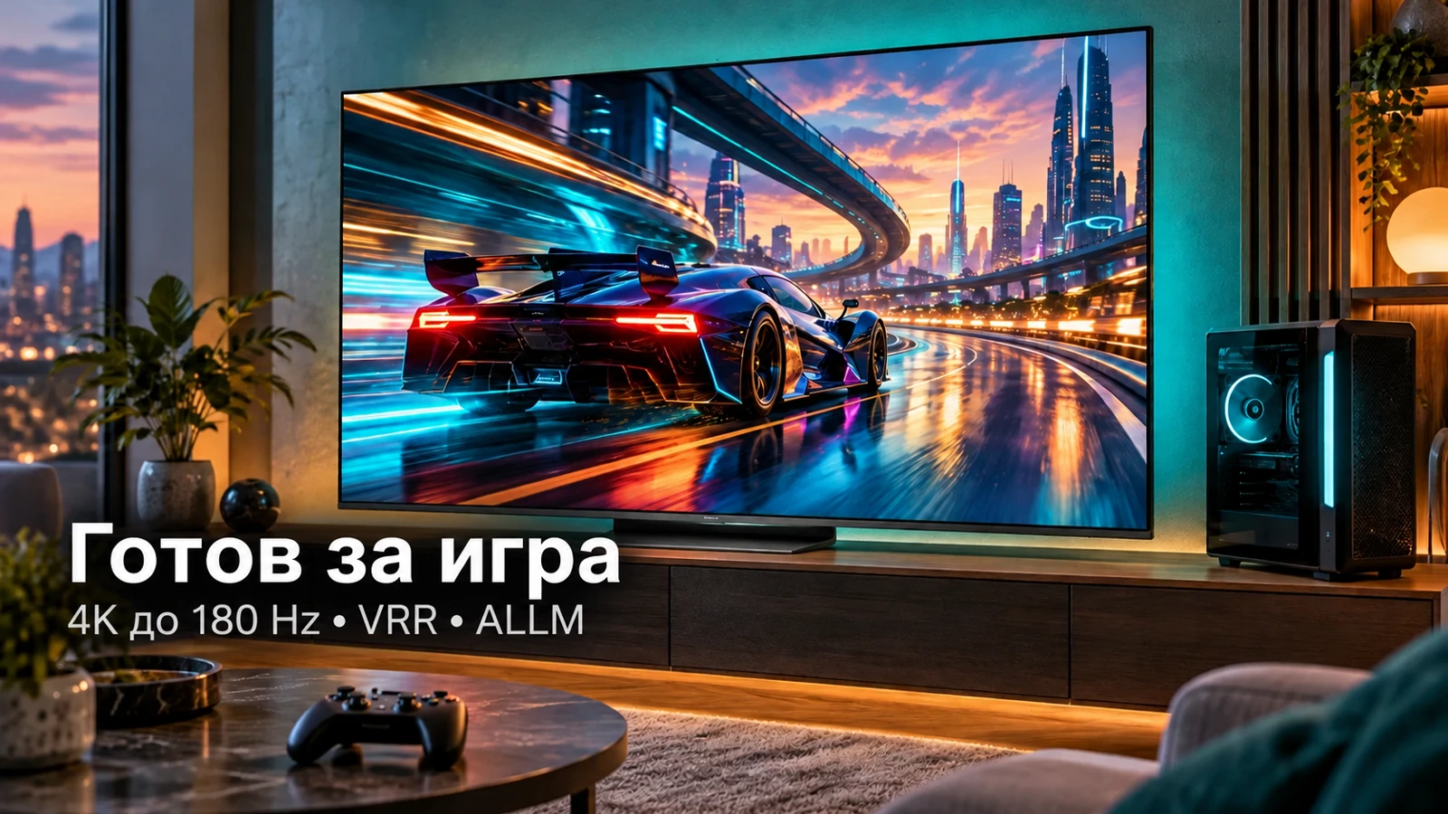 Илюстрация на Hisense 65UR8S в домашна конфигурация за игри