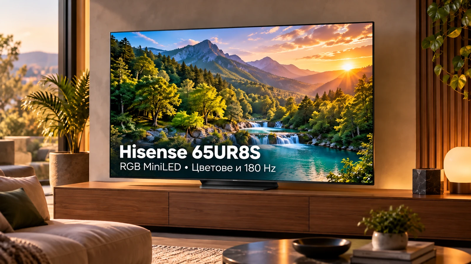 Илюстрация на Hisense 65UR8S в дневна с цветен природен пейзаж
