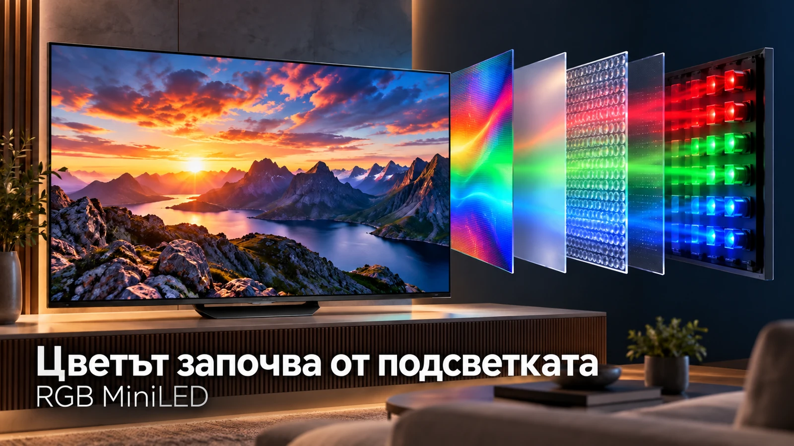 Концептуална илюстрация на червени, зелени и сини светодиоди зад LCD панел