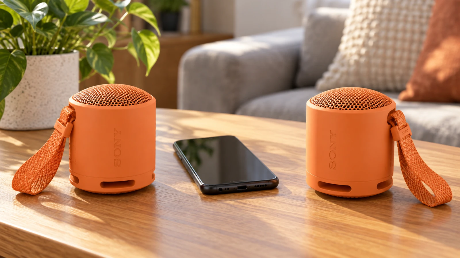 Две Sony SRS-XB100 със смартфон между тях – илюстрация на стерео двойка