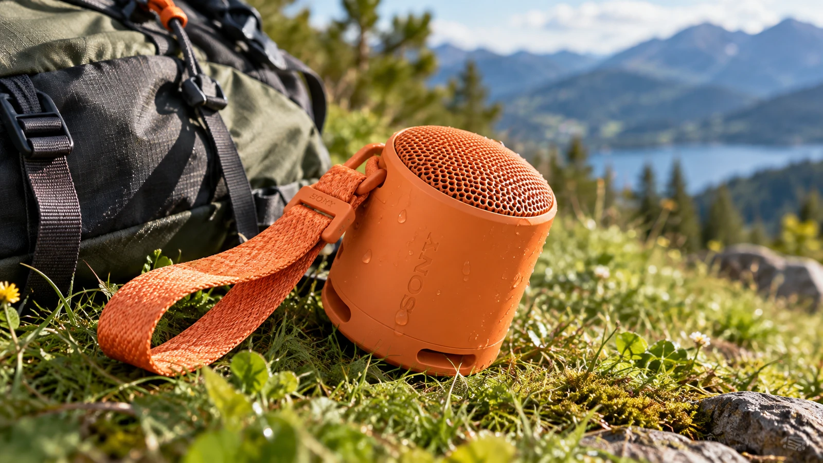 Оранжева Sony SRS-XB100 с каишка до раница – илюстрация