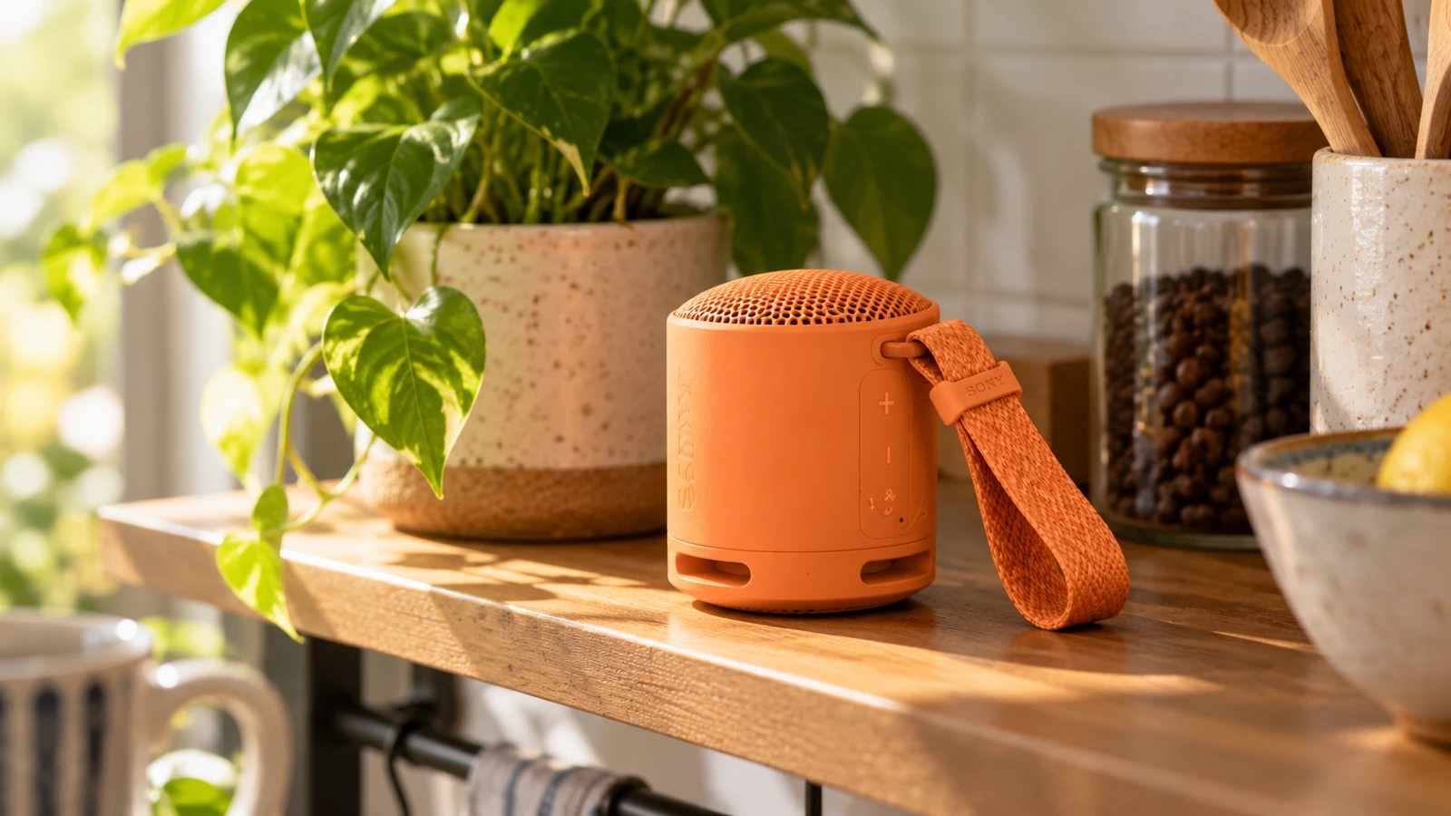 Sony SRS-XB100 на кухненски рафт – илюстрация за ежедневна употреба